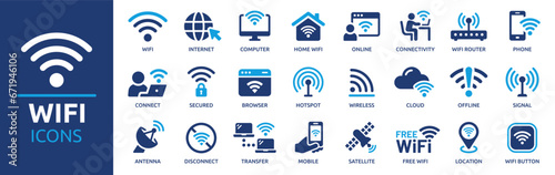Wifi icon set. Containing online, signal, wireless, internet, computer, connect, hotspot, offline, wifi router and more. Vector solid icons collection.