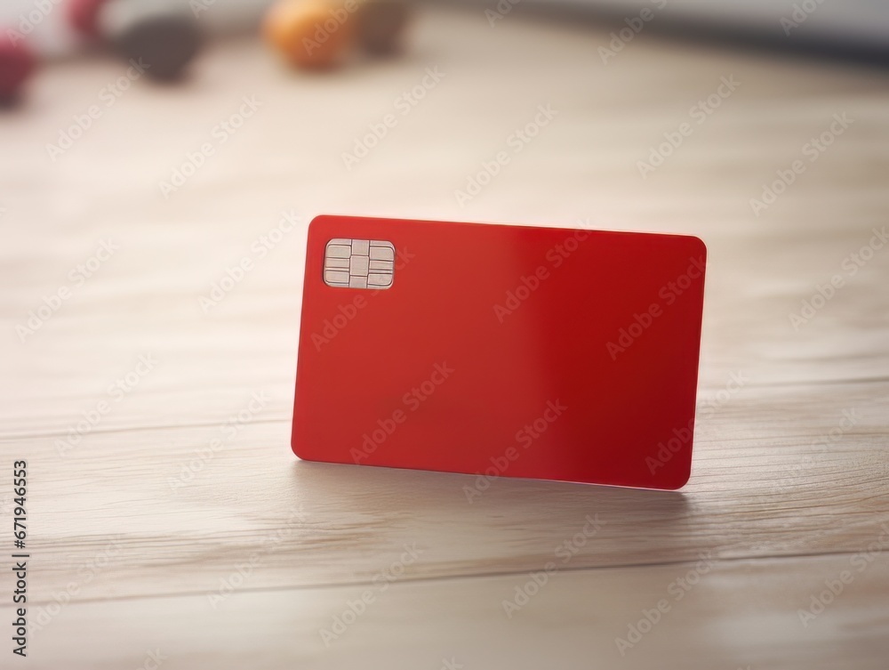 Red bank credit card on wooden table isolated AI