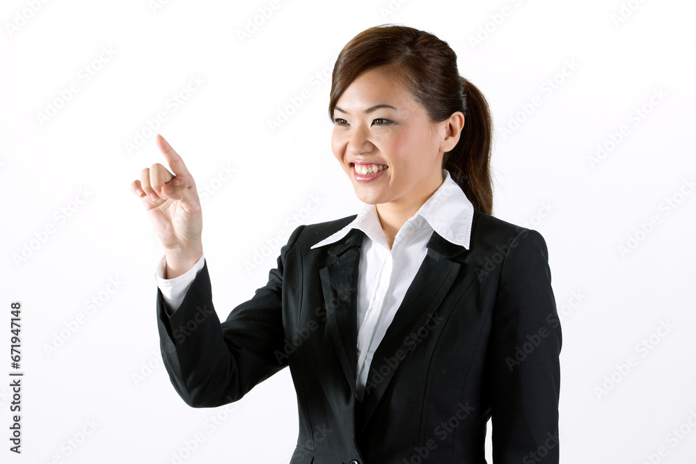 businesswoman pointing finger at a virtual screen businesswoman pointing finger at a virtual screen