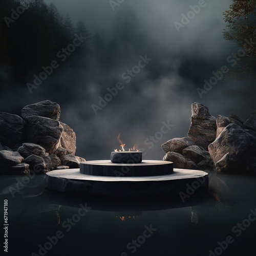 Abstract minimal concept. Dark background with natural granite stones podium on water and smoke surrounding. Mock up template for product presentation. 3D rendering