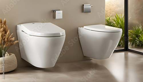 Modern luxury toilet  enclosed dual flush toilet  granite tiled bathroom.