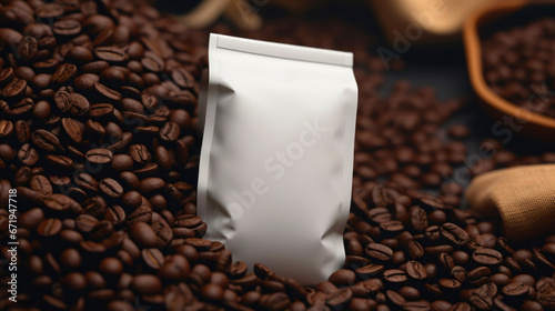 Blank White Coffee Bag With Coffee Beans Background For Product Or Logo Mockup