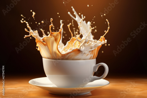 Coffee latte splashing out of white mug on black background