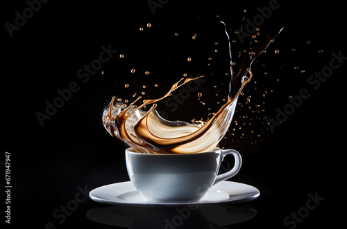Coffee splashing out of white mug on saucer and black background