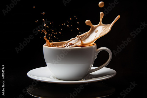 Coffee splashing out of white mug on black background