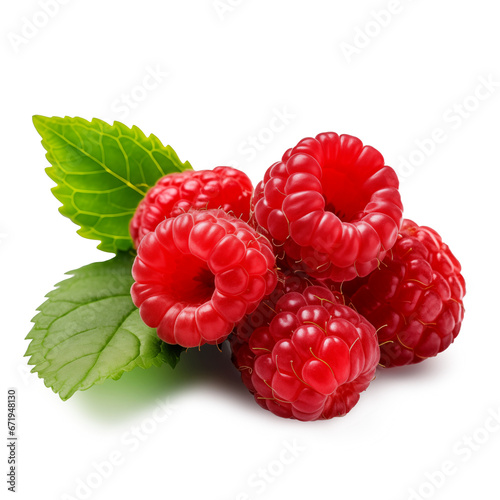 Raspberry with green leaves isolated on transparent or white background, png