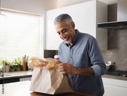 A man opens shopping bags in the kitchen