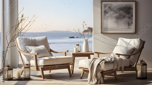 five images with two chairs and furniture with two photos of photos, in the style of airy and light, romantic atmosphere, vray, light white and brown, grid, cabincore, timeless elegance photo