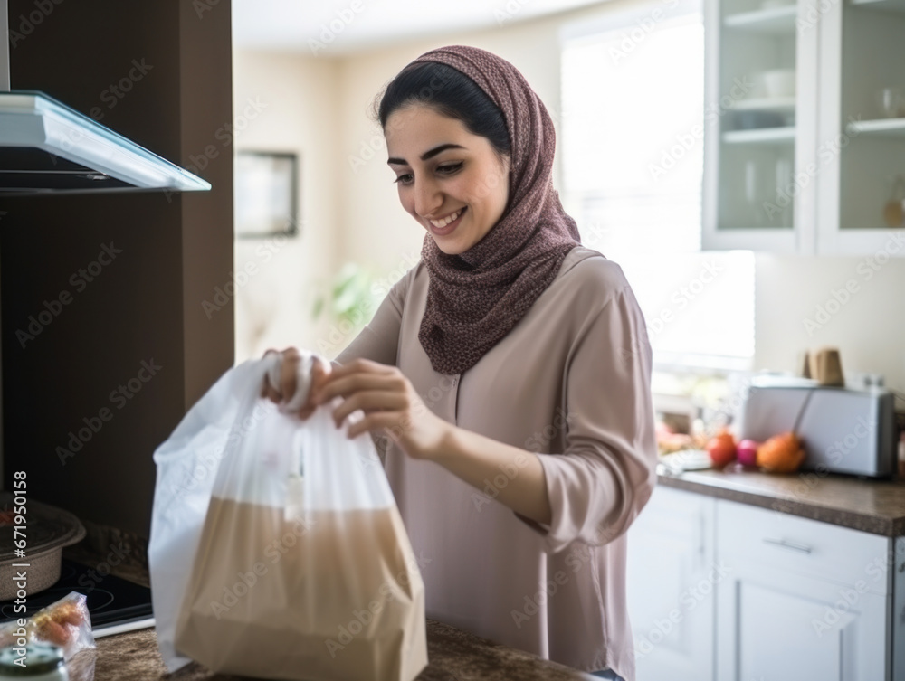 A woman opens shopping bags in the kitchen A woman opens shopping bags in the kitchen