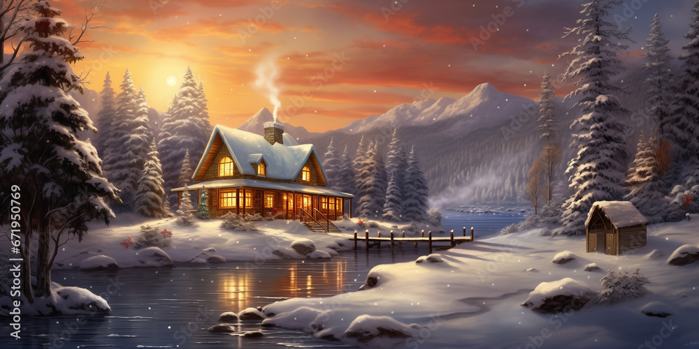 Cozy Winter Cabin: Set the gift in front of a warm and inviting winter cabin scene - obrazy, fototapety, plakaty 