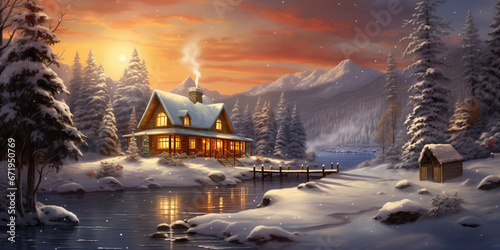 Cozy Winter Cabin: Set the gift in front of a warm and inviting winter cabin scene