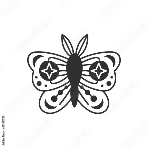 Celestial moth with stars doodle. Hand-drawn decorative night butterfly with crescent. Black line art insect on white background. Vector illustration.