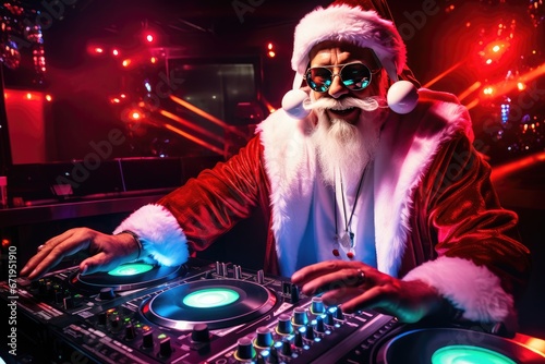 A fiery Christmas party with Santa Claus as a DJ mixing tracks on a DJ mixer. The New Year's party is filled with festive mood and fun. a night of fun.