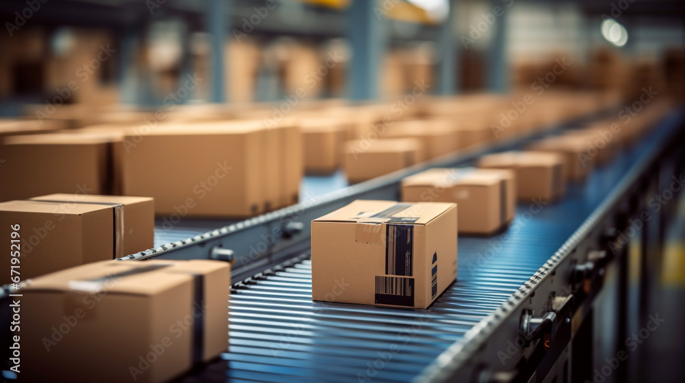 Closeup of multiple cardboard box packages seamlessly moving along a conveyor belt in a warehouse fulfillment center e-commerce, delivery Closeup of multiple cardboard box packages seamlessly moving along a conveyor belt in a warehouse fulfillment center e-commerce, delivery