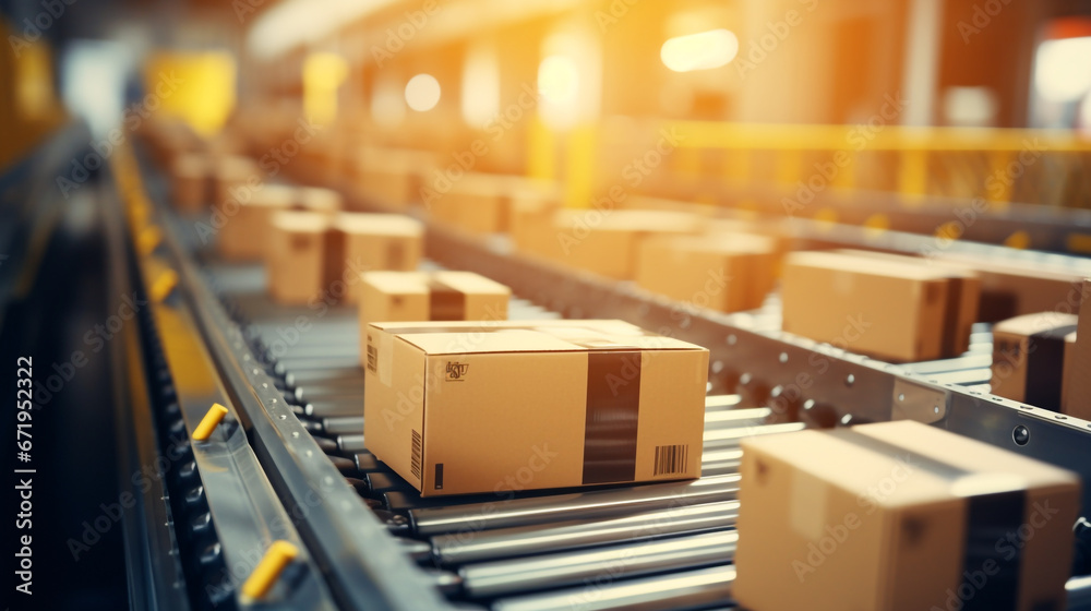 A closeup view of multiple cardboard box packages seamlessly moving along a conveyor belt in a busy warehouse fulfillment center. This snapshot represents various facets, including e-commerce, delive
A closeup view of multiple cardboard box packages seamlessly moving along a conveyor belt in a busy warehouse fulfillment center. This snapshot represents various facets, including e-commerce, delive