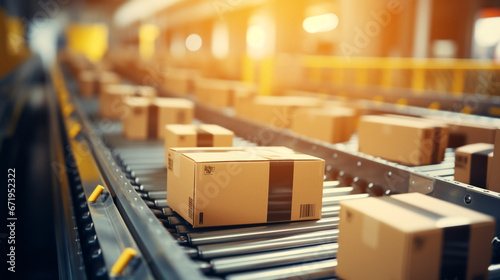  A closeup view of multiple cardboard box packages seamlessly moving along a conveyor belt in a busy warehouse fulfillment center. This snapshot represents various facets, including e-commerce, delive