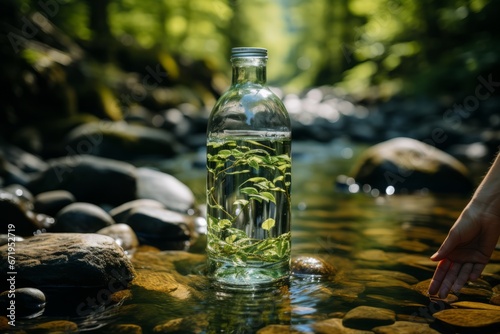 Clear mountain stream where someone is filling a water bottle, Generative AI  © Shooting Star Std