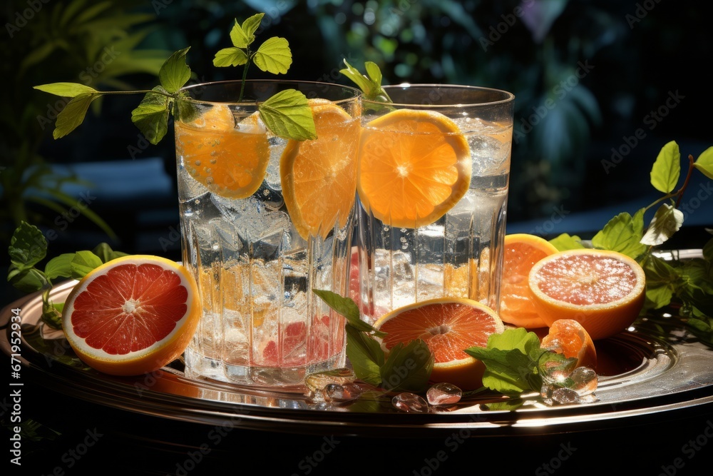 Glass of ice-cold water with slices of citrus fruits, Generative AI Glass of ice-cold water with slices of citrus fruits, Generative AI