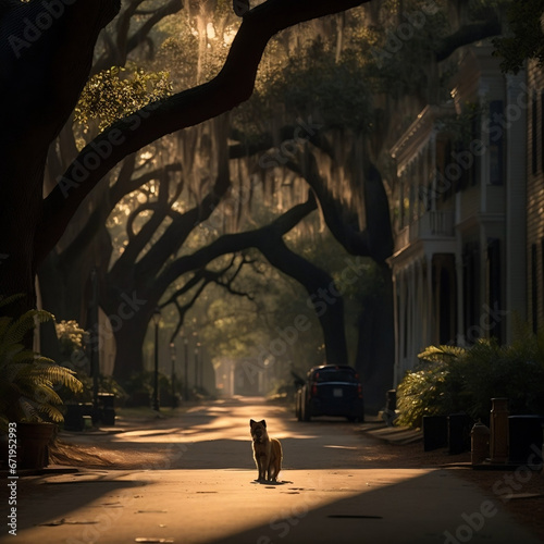 evening street scene, dog