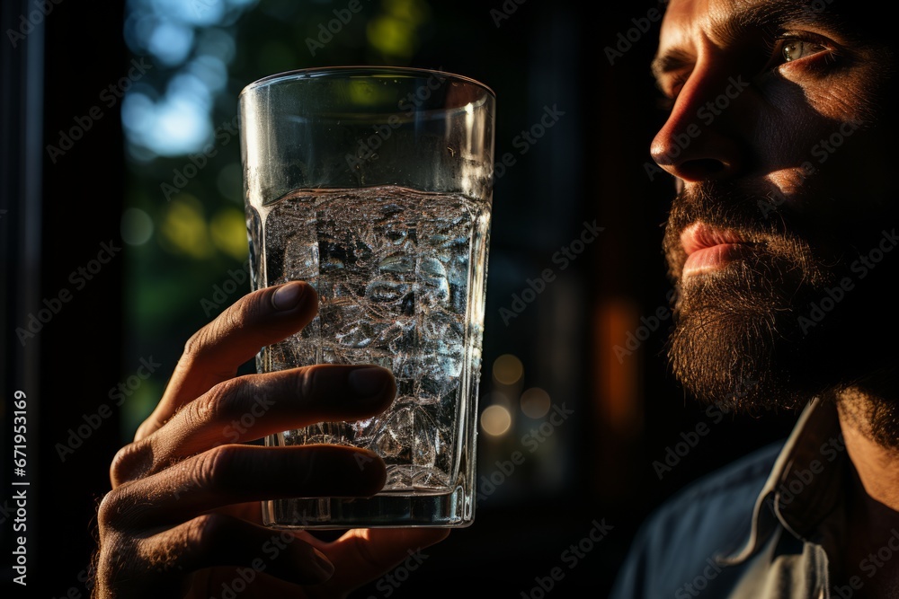 Person holding a reusable water bottle with a natural backdrop, Generative AI Person holding a reusable water bottle with a natural backdrop, Generative AI