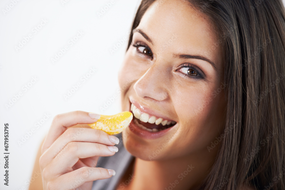 Healthy, diet and portrait of woman with orange in studio for detox, care or gut health promo on white background. Face, smile and model with fruit for weight loss, wellness or vitamin c nutrition Healthy, diet and portrait of woman with orange in studio for detox, care or gut health promo on white background. Face, smile and model with fruit for weight loss, wellness or vitamin c nutrition