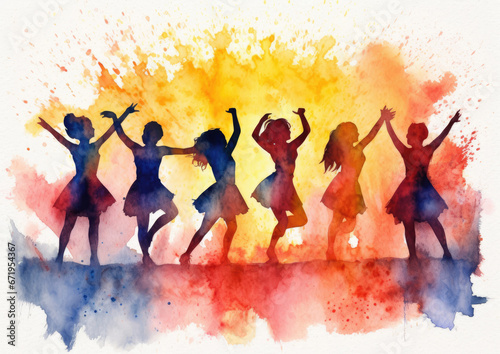 Children playing and dancing - watercolor illustration, wit vibrant colors