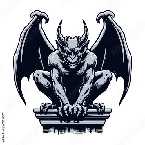 hand-drawn vector illustration sketch of gargoyle drawing silhouette with wings and horns