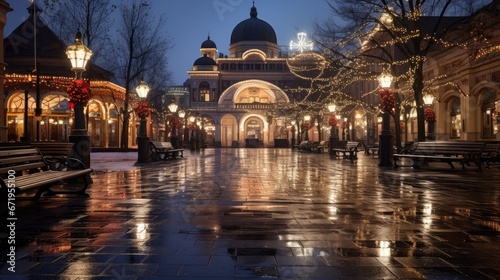 A majestic city square at dusk adorned with twinkling lights. The central building features grand arches and domes, surrounded by wet pavements reflecting the festive glow from ornate lampposts. © DigitalArt