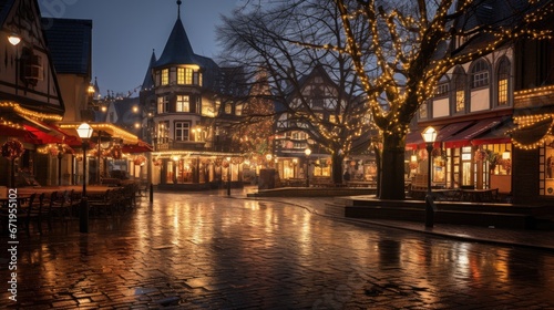 A quaint town square illuminated by glowing fairy lights, with charming buildings and a cobbled pathway glistening from recent rain. Outdoor seating under festive canopies adds to the warmth.