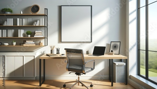 Modern Home Office with Sunlit Ambiance and Sleek Art Mockup