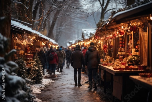 A bustling winter market illuminated by twinkling lights with people browsing. Stalls adorned with festive decor line a snow-covered path as trees stand draped in white.