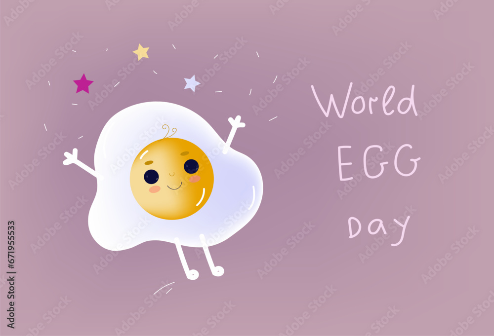 World Egg Day Banner with a cute and smiling fried egg, 3d vector cartoon illustration