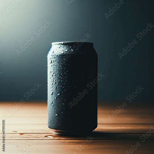 Clean aluminium soft drink can on wet plate wiith water droplets generative ai illustration