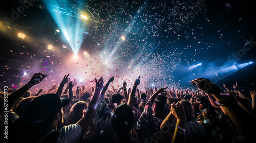 a live rock concert  party  or festival night club with an exuberant crowd cheering. The stage is aglow with vibrant lights  and confetti is falling from above