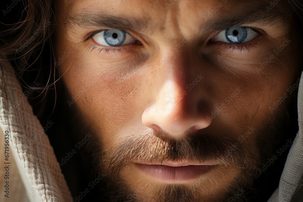 Jesus Christ close-up portrait with a gaze. Religious concept with selective focus and copy space Jesus Christ close-up portrait with a gaze. Religious concept with selective focus and copy space