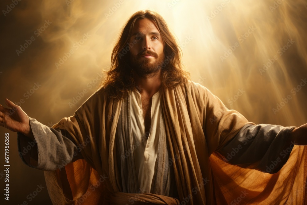 Jesus Christ raises his hands to heaven. Religious concept with selective focus and copy space Jesus Christ raises his hands to heaven. Religious concept with selective focus and copy space