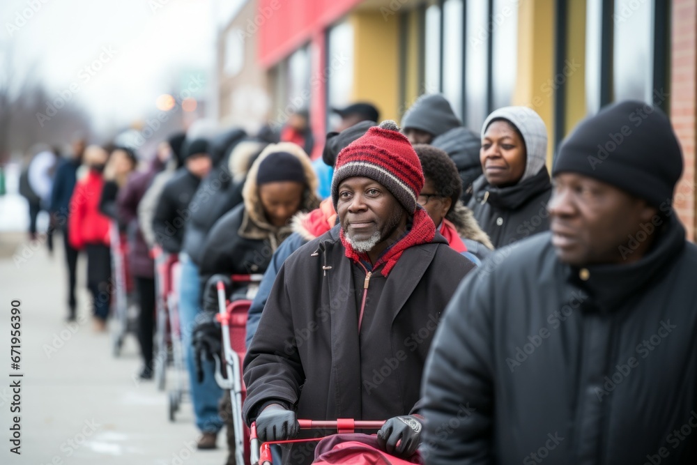 People queue for shopping at the store. Black Friday concept. Portrait with selective focus and copy space People queue for shopping at the store. Black Friday concept. Portrait with selective focus and copy space