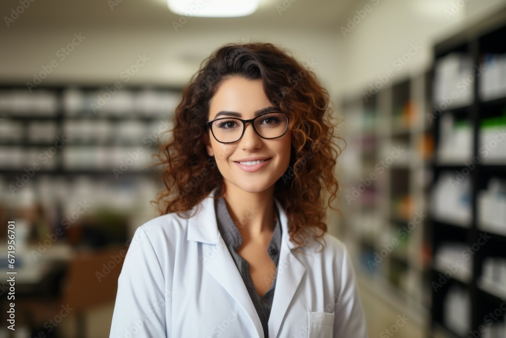 Female pharmacist. Portrait with selective focus and copy space Female pharmacist. Portrait with selective focus and copy space