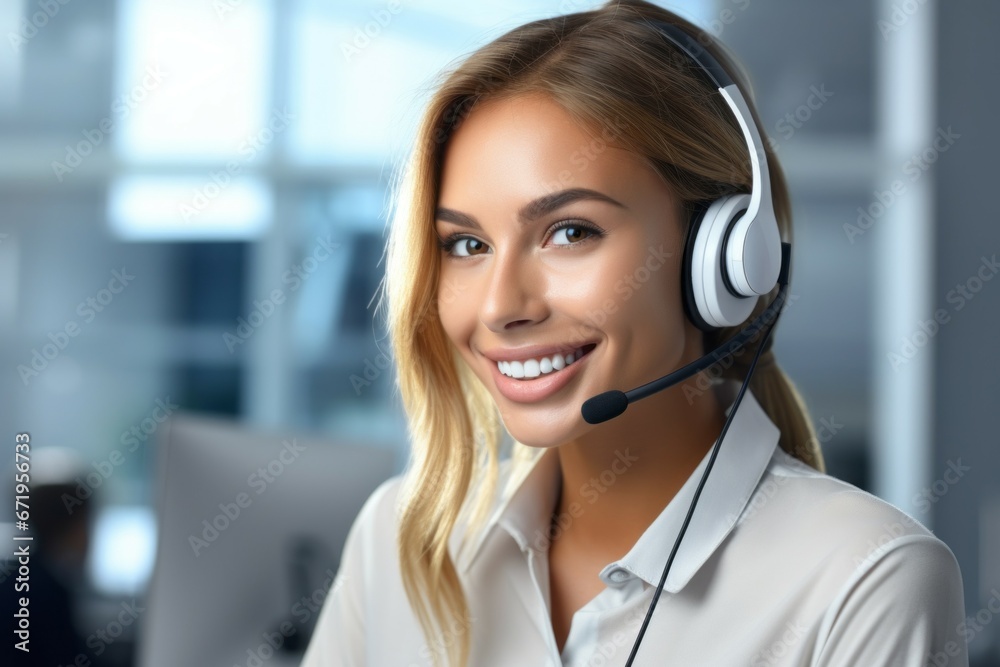 Woman professional tech support worker. Top professions concept. Portrait with selective focus and copy space Woman professional tech support worker. Top professions concept. Portrait with selective focus and copy space