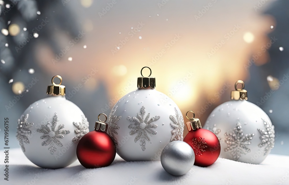3D rendering of christmas baubles in white snow background 3D rendering of christmas baubles in white snow background