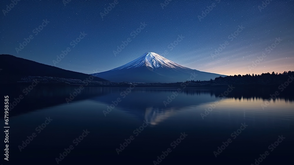 Reflection of mountain in lake at the night hour 