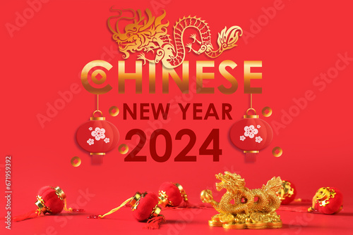 Greeting card for Chinese New Year 2024 with dragon and lanterns