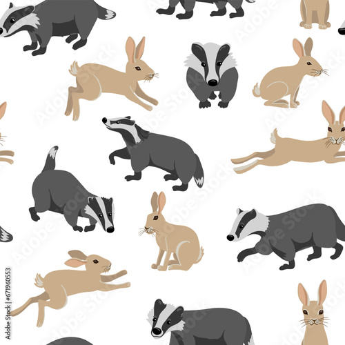 vector drawing seamless pattern with badgers and rabbits  hand drawn animals at white  cartoon style background for children textile or wallpaper