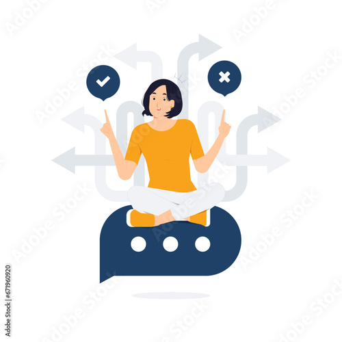 Business decision making, career path, work direction, dilemma, choose, undecided. confusing woman looking at crossroad sign with question mark and think which way to success concept illustration