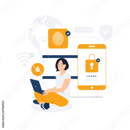 Firewall cyber security, data protection, secured network, safety personal password access verification concept illustration