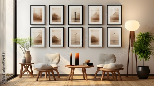 6 poster frame set by artdeco, in the style of natural light, mirror rooms, carl holsoe, opacity and translucency, minimalist textiles, crisp and clean look, use of screen tones