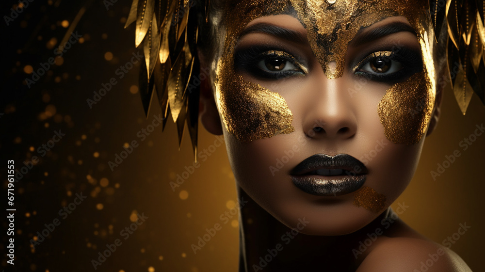 Portrait of beautiful woman with golden make-up and carnival mask generativa IA