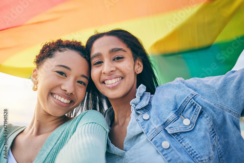 Konstfotografi Portrait, happy couple and lesbian with women in selfie, pride flag and lgbt relationship with happiness
