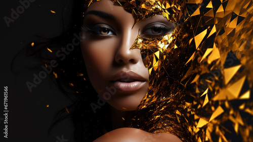 Fashion portrait of beautiful young woman with gold make-up. generativa IA