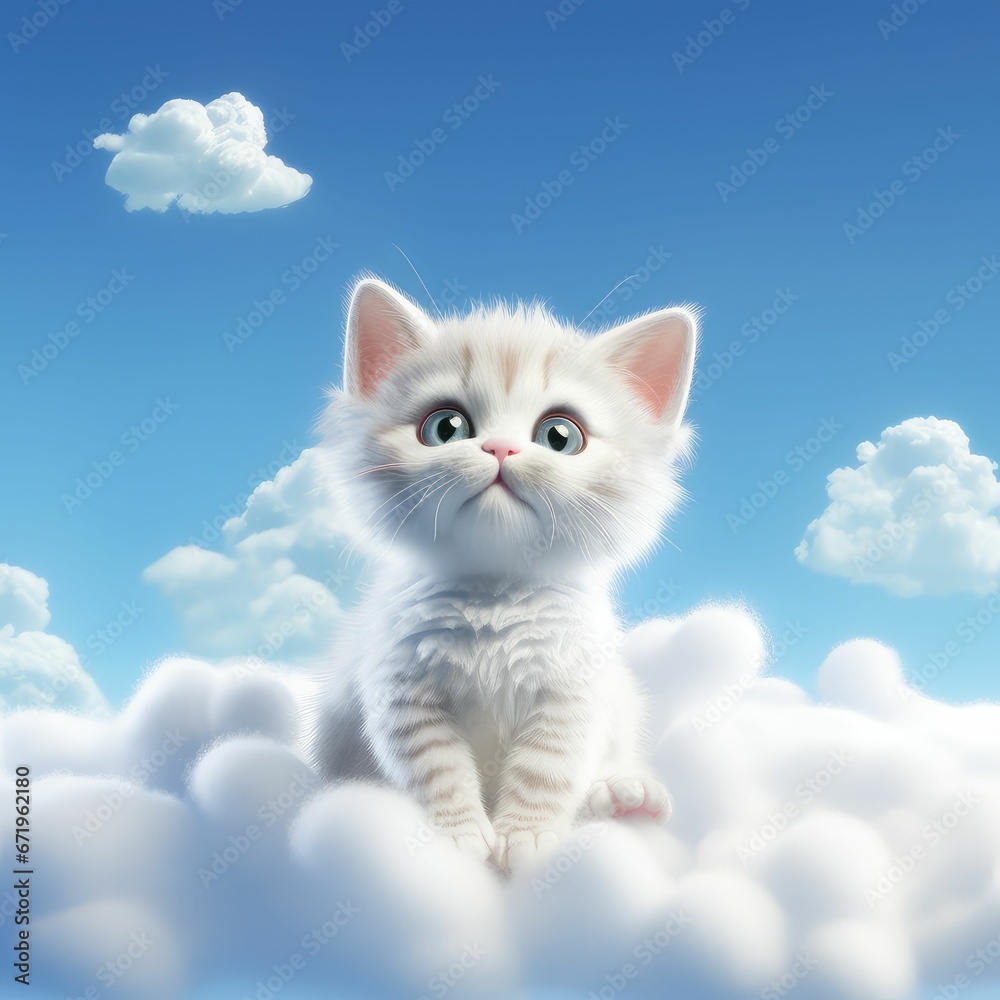 Dreamlike Cat: Fluffy Cloudscape Serenity with White Kitten Dreamlike Cat: Fluffy Cloudscape Serenity with White Kitten